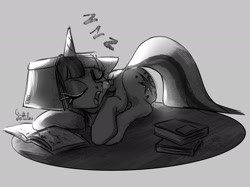 Size: 2048x1535 | Tagged: safe, artist:rottengotika, imported from derpibooru, twilight sparkle, pony, unicorn, book, bookhorse, gray background, simple background, sleeping, snoring, snot bubble, solo, that pony sure does love books, unicorn twilight