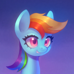 Size: 1600x1600 | Tagged: safe, artist:asimos, imported from derpibooru, rainbow dash, pegasus, pony, bust, female, gradient background, mare, smiling, solo