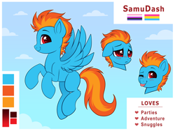 Size: 4000x3000 | Tagged: safe, artist:confetticakez, imported from derpibooru, oc, oc only, pegasus, pony, :p, blushing, cloud, floppy ears, flying, frown, full body, genderfluid, high res, hooves, looking at you, one eye closed, pansexual, pegasus oc, raspberry, reference sheet, sad, sky, smiling, solo, spread wings, tail, tongue out, two toned mane, two toned tail, wings, wink