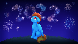Size: 3840x2160 | Tagged: safe, artist:confetticakez, imported from derpibooru, oc, oc only, pegasus, pony, 2022, chest fluff, crying, fireworks, grass, high res, looking up, night, pegasus oc, sitting, smiling, solo, tears of joy, teary eyes