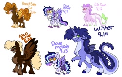 Size: 1694x1067 | Tagged: safe, artist:jinx32297, imported from derpibooru, oc, oc only, oc:coco butter, oc:dove melody, oc:lila dawn, oc:peanut butter cup, oc:winter, dracony, hybrid, pegasus, pony, female, filly, foal, interspecies offspring, male, offspring, parent:cheese sandwich, parent:pinkie pie, parent:princess cadance, parent:rarity, parent:shining armor, parent:spike, parents:cheesepie, parents:shiningcadance, parents:sparity, simple background, stallion, updated design, white background
