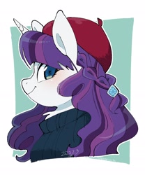 Size: 1748x2096 | Tagged: safe, artist:potetecyu_to, imported from derpibooru, rarity, pony, unicorn, beatnik rarity, beret, blushing, bust, clothes, cute, female, hat, looking at you, mare, pretty, profile, smiling, smiling at you, solo, sweater, turtleneck