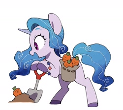 Size: 1742x1569 | Tagged: safe, artist:potetecyu_to, imported from derpibooru, izzy moonbow, pony, unicorn, bag, bipedal, bipedal leaning, carrot, cute, digging, female, food, g5, izzybetes, leaning, mare, my little pony: a new generation, open mouth, open smile, saddle bag, shovel, simple background, smiling, solo, white background
