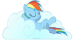 Size: 4400x2400 | Tagged: safe, artist:misterlolrus, imported from derpibooru, rainbow dash, pegasus, pony, .psd available, cloud, crossed legs, eyes closed, female, high res, hooves behind head, lying down, lying on a cloud, mare, on a cloud, on back, signature, simple background, smiling, solo, transparent background, vector
