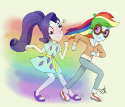 Size: 2970x2550 | Tagged: safe, artist:bageloftime, imported from derpibooru, rainbow dash, rarity, equestria girls, derp, duo, duo female, feet, female, goggles, rainbow trail, sandals, wavy mouth