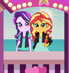 Size: 1024x1087 | Tagged: safe, artist:emeraldblast63, imported from derpibooru, starlight glimmer, sunset shimmer, equestria girls, beanie, blushing, duo, female, hat, kissing booth, lesbian, lidded eyes, looking at you, shimmerglimmer, shipping, smiling