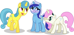 Size: 2717x1285 | Tagged: safe, artist:thatusualguy06, imported from derpibooru, lemon hearts, minuette, twinkleshine, pony, unicorn, .svg available, base used, blushing, cute, female, grin, happy, hooves, horn, mare, open mouth, open smile, raised hoof, raised leg, shadow, simple background, smiling, standing, svg, tail, trace bitmap, transparent background, trio, trio female, vector