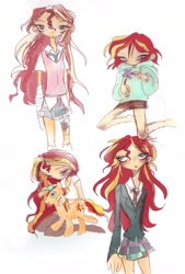 Size: 1836x2709 | Tagged: safe, artist:skywishes, derpibooru exclusive, imported from derpibooru, sunset shimmer, pony, unicorn, equestria girls, alternate hairstyle, bandage, brushing mane, clothes, flower, hoodie, plushie, school uniform, self paradox, self ponidox, short hair, simple background, sketch, sketch dump, sleepy, white background