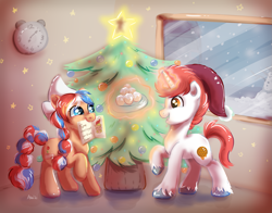 Size: 1489x1170 | Tagged: safe, artist:avui, imported from ponybooru, oc, oc:ember (hwcon), oc:stroopwafeltje, christmas, christmas tree, duo, dutch, hearth's warming con, hearth's warming eve, holiday, mascot, netherlands, ponycon holland, snow, tree