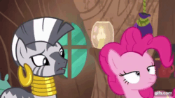 Size: 640x360 | Tagged: safe, imported from derpibooru, screencap, pinkie pie, zecora, earth pony, pony, zebra, it isn't the mane thing about you, season 7, animated, duo, eyes closed, female, floppy ears, gif, gifs.com, long neck, mare, open mouth, open smile, pinkie being pinkie, smiling, zecora's hut