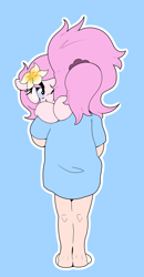 Size: 3075x5912 | Tagged: safe, artist:parfait, imported from ponybooru, oc, oc only, oc:kayla, earth pony, human, pony, child, female, filly, flower, flower in hair, foal, holding a pony, human ponidox, humanized, humanized oc, scrunchie, self ponidox