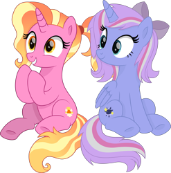Size: 6087x6160 | Tagged: safe, artist:thatusualguy06, imported from derpibooru, luster dawn, oc, oc:starcollider, alicorn, pony, unicorn, the last problem, .svg available, absurd resolution, alicorn oc, base used, bow, duo, duo female, female, folded wings, grin, hair bow, horn, mare, shading, simple background, sitting, smiling, svg, transparent background, underhoof, vector, wings