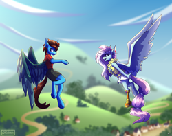 Size: 2900x2300 | Tagged: safe, artist:spirit-fire360, imported from derpibooru, kerfuffle, oc, oc:jasper darkblaze, anthro, pegasus, pony, amazed, amputee, anthro oc, artificial wings, augmented, blurry background, canon x oc, cargo shorts, cel shading, clothes, commission, complex background, detailed background, fanart, flying, hair tie, highlights, hope hollow, long mane, long tail, mechanical wing, pegasus oc, pincushion, polo shirt, prosthetic leg, prosthetic limb, prosthetic wing, prosthetics, scenery, shading, short skirt, skirt, tail, vest, watermark, wings