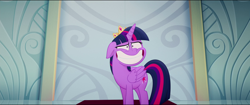 Size: 1920x808 | Tagged: safe, imported from derpibooru, screencap, twilight sparkle, alicorn, pony, my little pony: the movie, awkward smile, big grin, canterlot castle, crown, eye twitch, faic, fake smile, female, forced smile, grin, horn, impossibly large smile, jewelry, looking at you, majestic as fuck, mare, nervous, nervous grin, regalia, reupload, smiling, smiling at you, solo, twilight sparkle (alicorn)