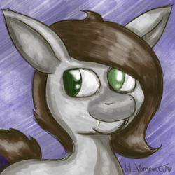 Size: 2000x2000 | Tagged: safe, artist:lil_vampirecj, imported from derpibooru, oc, oc only, oc:cj vampire, earth pony, pony, brown mane, brown tail, bust, doodle, fangs, floppy ears, glasses off, green eyes, looking at you, portrait, purple tail highlight, sketch, smiling, smiling at you, solo, tail