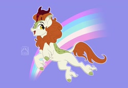 Size: 3471x2395 | Tagged: safe, artist:bluefeathercat, imported from derpibooru, autumn blaze, kirin, februpony, female, open mouth, purple background, rainbow, simple background, smiling, solo