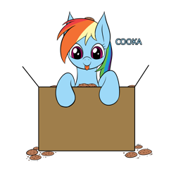 Size: 2508x2508 | Tagged: safe, artist:wapamario63, imported from ponybooru, rainbow dash, pony, box, colored, cookie, crumbs, cute, dashabetes, female, flat colors, food, looking at you, mare, simple background, solo, tongue out, transparent background