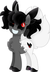 Size: 1280x1819 | Tagged: safe, artist:pure-blue-heart, imported from derpibooru, oc, oc only, oc:bunz, unicorn, black hair, bow, bunny tail, chest fluff, commission, female, hair bow, red eyes, sharp teeth, simple background, tail, teeth, transparent background