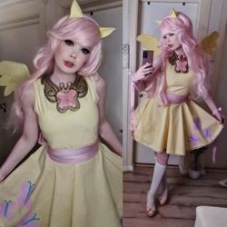 Size: 1440x1440 | Tagged: safe, artist:tinemarieriis, imported from derpibooru, fluttershy, human, clothes, cosplay, costume, cutie mark on clothes, dress, irl, irl human, jewelry, necklace, photo, pony ears, stockings, thigh highs, wings