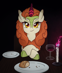 Size: 1920x2261 | Tagged: safe, artist:ravenirik, imported from derpibooru, autumn blaze, kirin, awwtumn blaze, black background, bread, candle, cute, date, dinner, food, holiday, looking at you, romantic, simple background, solo, valentine's day