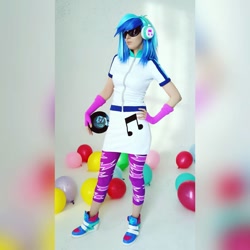 Size: 1080x1080 | Tagged: safe, artist:rei-doll, imported from derpibooru, dj pon-3, vinyl scratch, human, equestria girls, balloon, clothes, cosplay, costume, headphones, irl, irl human, leggings, photo, record, skirt, sunglasses