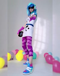 Size: 1080x1350 | Tagged: safe, artist:rei-doll, imported from derpibooru, dj pon-3, vinyl scratch, human, equestria girls, balloon, clothes, cosplay, costume, headphones, irl, irl human, leggings, photo, record, skirt, sunglasses