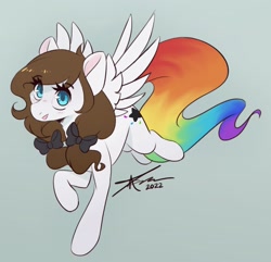 Size: 2241x2160 | Tagged: safe, artist:mindlessnik, artist:mindlesssketching, imported from derpibooru, oc, oc only, oc:color splash, pegasus, pony, bow, female, flying, gray background, hair bow, mare, rainbow tail, simple background, solo, tail