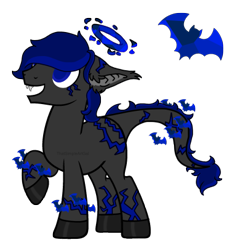 Size: 385x406 | Tagged: safe, artist:thatsimpleartgal, imported from derpibooru, oc, bat, original species, adoptable, bat ears, blue eyes, blue mane, closed species, crysvalonia, fangs, gemstone pony, gemstones, halo, male, simple background, transparent background