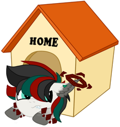 Size: 463x491 | Tagged: safe, artist:crysvalonia-admin, artist:pure-blue-heart, imported from derpibooru, oc, oc:salt shaker, original species, behaving like a dog, chibi, closed species, crysvalonia, dog house, fangs, female, gemstone pony, gemstones, halo, mare, simple background, transparent background