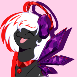 Size: 1000x1000 | Tagged: safe, artist:crysvalonia-admin, artist:marudoesart, imported from derpibooru, oc, oc only, oc:midnight, original species, bust, closed species, collar, crystal wings, crysvalonia, female, gemstone pony, gemstones, halo, mare, pink background, portrait, simple background, solo, wings