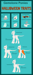 Size: 1280x2902 | Tagged: safe, artist:crysvalonia-admin, artist:pure-blue-heart, artist:sporadicsplash, imported from derpibooru, original species, closed species, crysvalonia, gemstone pony, gemstones, halloween, holiday, species guide, trait sheet