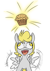 Size: 1000x1414 | Tagged: safe, artist:happy harvey, imported from derpibooru, derpy hooves, pegasus, pony, colored pupils, derp, drawthread, excited, female, filly, flapping wings, foal, food, happy, looking up, muffin, open mouth, phone drawing, simple background, smiling, solo, spread wings, transparent background, wall eyed, wings