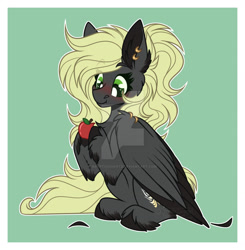 Size: 1600x1634 | Tagged: safe, artist:krypticquartz, imported from derpibooru, oc, oc only, oc:veen sundown, pegasus, pony, apple, commission, deviantart watermark, ear fluff, ear piercing, eating, female, food, happy, herbivore, mare, obtrusive watermark, piercing, simple background, sitting, solo, sundown clan, watermark, wing piercing, wings