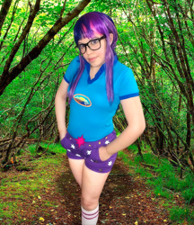 Size: 986x1142 | Tagged: safe, artist:sabrina200415, imported from derpibooru, sci-twi, twilight sparkle, human, equestria girls, legend of everfree, camp everfree outfits, clothes, cosplay, costume, forest, irl, irl human, photo, socks