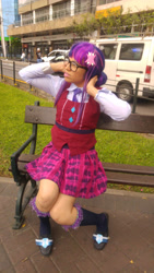 Size: 1837x3265 | Tagged: safe, artist:sabrina200415, imported from derpibooru, sci-twi, twilight sparkle, human, equestria girls, friendship games, bench, clothes, cosplay, costume, crystal prep academy uniform, irl, irl human, photo, school uniform, shoes, sitting, socks