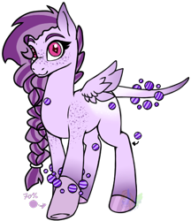 Size: 431x500 | Tagged: safe, artist:pure-blue-heart, imported from derpibooru, oc, oc only, oc:sugar plum, original species, pegasus, adoptable, base used, braid, closed species, crysvalonia, female, freckles, gemstone pony, gemstones, gradient, mare, pink eyes, purple coat, purple mane, simple background, transparent background, wings