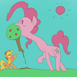 Size: 4096x4096 | Tagged: safe, artist:baigak, imported from derpibooru, applejack, pinkie pie, earth pony, pony, apple, apple tree, blush sticker, blushing, eating, eyes closed, female, giant pony, herbivore, macro, mare, mouth hold, tree, wat