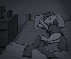 Size: 739x622 | Tagged: artist needed, source needed, safe, imported from derpibooru, pony, unicorn, bed, bedsheets, butt, clothes, dresser, female, human to pony, implied transformation, pants, pillow, plot, shirt, sleeping, solo, transformation