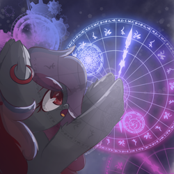 Size: 1280x1280 | Tagged: safe, artist:grithcourage, imported from derpibooru, oc, oc:kappu kyrana, earth pony, pony, cute, ear fluff, ear piercing, earring, galaxy, jewelry, magic, magic circle, piercing, solo