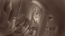 Size: 3840x2160 | Tagged: safe, artist:tenebrisnoctus, imported from derpibooru, tempest shadow, pony, unicorn, broken horn, city, eye scar, female, horn, mare, monochrome, scar, solo, storm king armor