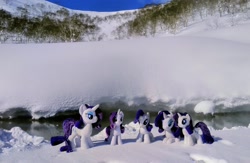 Size: 2048x1338 | Tagged: safe, imported from derpibooru, photographer:pakapaka1993, rarity, pony, unicorn, hot springs, irl, japan, photo, plushie, river, self paradox, self ponidox, snow, tree, water, winter