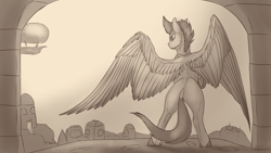 Size: 3840x2160 | Tagged: safe, artist:tenebrisnoctus, imported from derpibooru, zipp storm, pegasus, pony, airship, archway, butt, city, cityscape, female, from behind, g5, mare, monochrome, my little pony: a new generation, plot, smiling, solo, zephyr heights, zippbutt