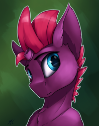 Size: 1700x2160 | Tagged: safe, artist:tenebrisnoctus, imported from derpibooru, fizzlepop berrytwist, tempest shadow, pony, unicorn, broken horn, bust, cute, female, green background, horn, mare, portrait, signature, simple background, smiling, solo, tempestbetes