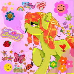 Size: 1080x1080 | Tagged: safe, artist:joykkonn, imported from derpibooru, tree hugger, earth pony, pony, drugs, female, joint, mare, marijuana, profile, raised hoof, scrapbook aesthetic, smiley face, smoking, solo, tree stoner