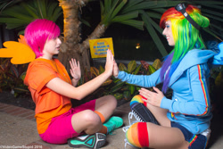 Size: 3000x2000 | Tagged: safe, artist:cosplayhazard, artist:meotashie, artist:videogamestupid, imported from derpibooru, rainbow dash, scootaloo, human, clothes, converse, cosplay, costume, irl, irl human, katsucon, katsucon 2016, multicolored hair, photo, rainbow hair, shoes