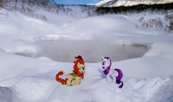 Size: 2048x1212 | Tagged: safe, imported from derpibooru, photographer:pakapaka1993, autumn blaze, rarity, kirin, pony, unicorn, duo, hot springs, irl, japan, photo, plushie, snow, winter