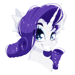 Size: 2500x2500 | Tagged: safe, artist:rurihal, imported from derpibooru, rarity, pony, unicorn, bust, cheek fluff, chest fluff, ear fluff, female, grin, mare, portrait, simple background, smiling, solo, white background