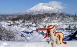 Size: 2048x1254 | Tagged: safe, imported from derpibooru, photographer:pakapaka1993, oc, oc only, oc:poniko, earth pony, pony, cloud, earth pony oc, female, irl, japan, mare, mountain, photo, plushie, snow, solo, winter