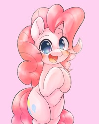 Size: 1638x2048 | Tagged: safe, artist:kurogewapony, imported from derpibooru, pinkie pie, earth pony, pony, bipedal, eye clipping through hair, female, full body, looking at you, mare, open mouth, open smile, pink background, simple background, smiling, smiling at you, solo