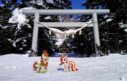 Size: 2048x1309 | Tagged: safe, imported from derpibooru, photographer:pakapaka1993, autumn blaze, oc, oc:poniko, earth pony, kirin, pony, duo, earth pony oc, female, irl, japan, japanese, mare, photo, plushie, shrine, snow, tree, winter